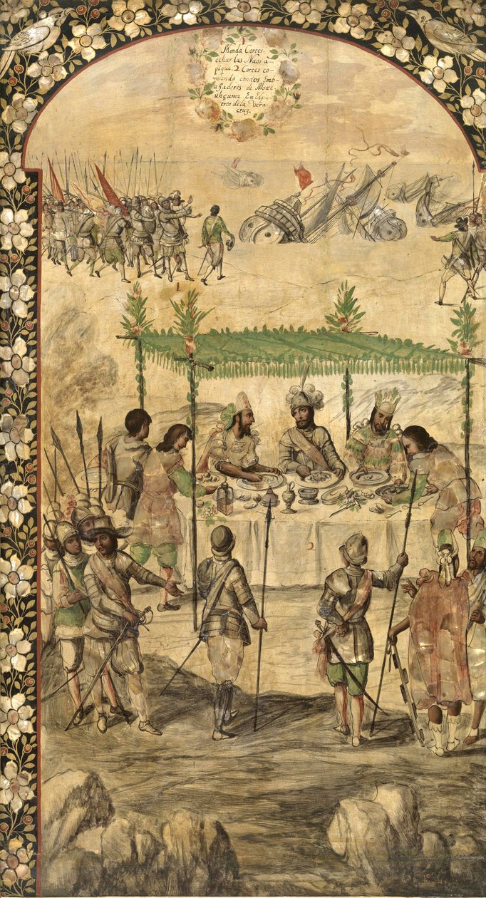 Ordina la distruzione delle navi e incontra gli ambasciatori di Montezuma nel 1520 - La conquista del Messico di Hernan Cortes da Miguel and Juan Gonzalez