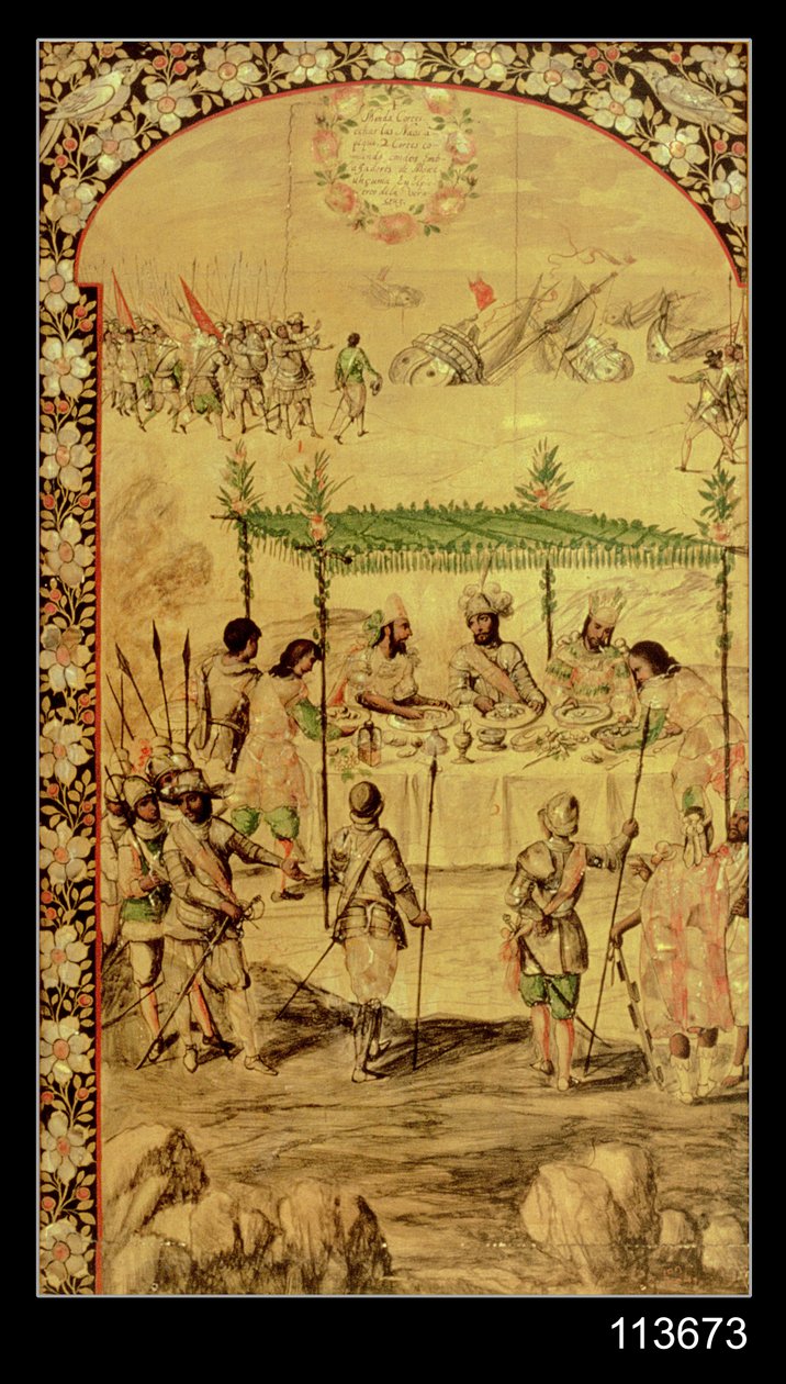La conquista del Messico: Hernando Cortes ordina la distruzione delle navi e incontra gli ambasciatori di Montezuma nel 1520 da Miguel and Juan Gonzalez