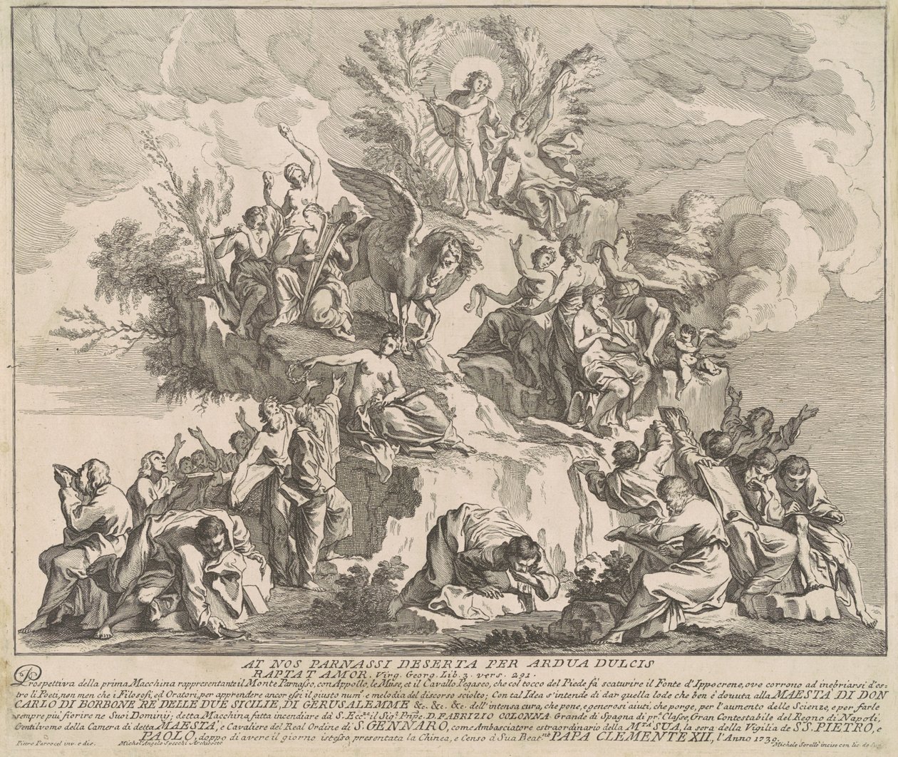 La Prima Macchina per la Chinea del 1739: Monte Parnaso con Apollo, le Muse e Pegaso da Miguel de Sorellò, after Pierre Parrocel, after Michelangelo Specchi