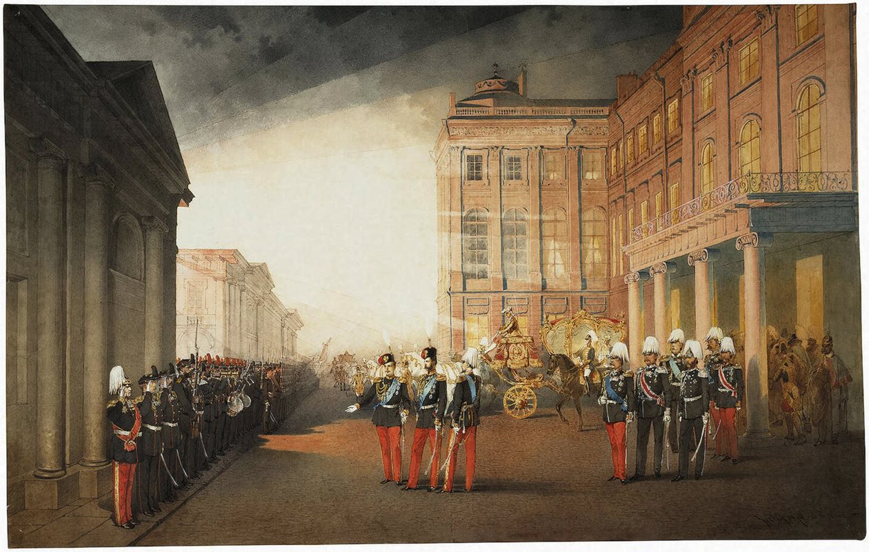 Parata davanti al Palazzo Anichkov il 26 febbraio 1870, 1870 da Mihaly von Zichy