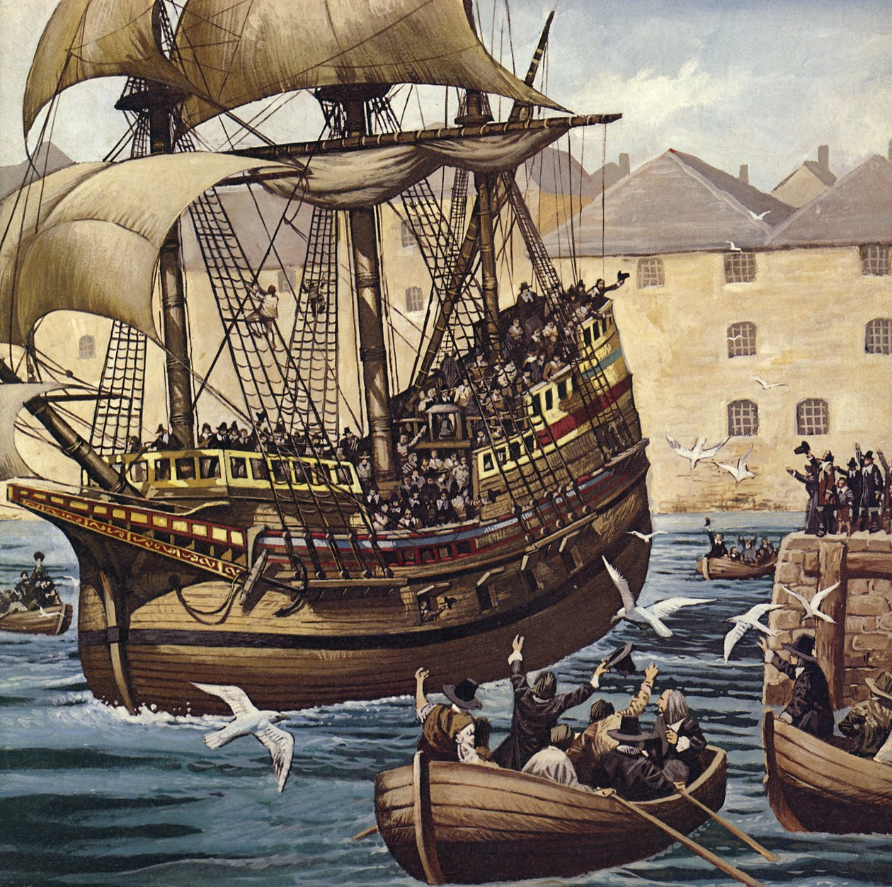 Westward Ho! La Mayflower lascia Plymouth Ho il 16 settembre 1620 (litografia a colori) da Mike (20th century) White