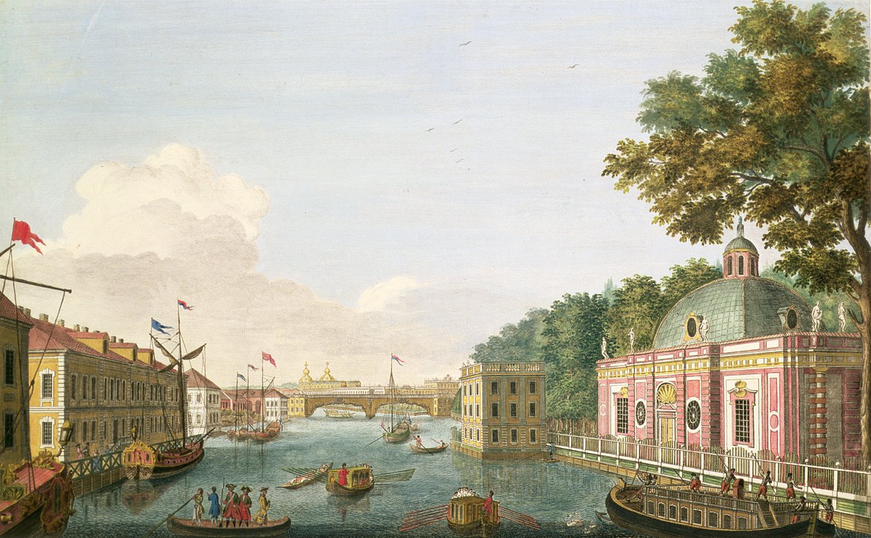 Veduta del fiume Fontanka dal grotto e dal Palazzo degli Ospiti, inciso da Grigory Anikievich Kachalov da Mikhail Ivanovich Makhaev