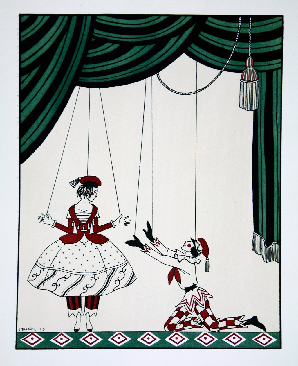 Petroushka, dalla serie Disegni sulle danze di Vaslav Nijinsky 1889-1950. Georges Barbier 1882-1932, Pochoir Print da Mikhail Shibanov