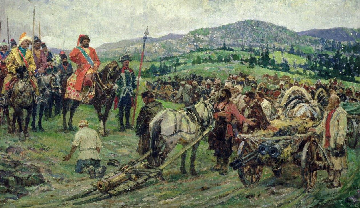 Assistenza al leader della rivolta contadina, Emelyan Pugachev, negli Urali (olio su tela) da Mikhail Ivanovich Avilov