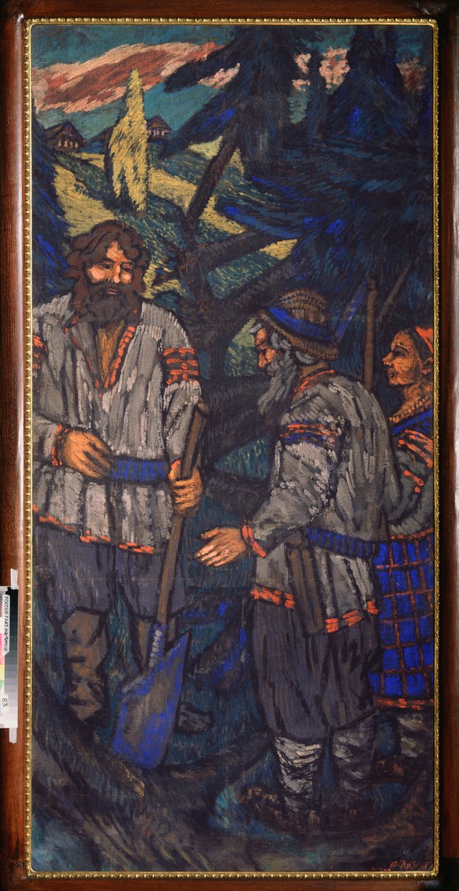Il matrimonio del granduca Vladimir I Sviatoslavich (detto il grande o Sole Rosso, 958-1015) Vladimir con una pala parla con una coppia di contadini - Peinture de Mikhail Nikolayevich Yakovlev (1880-1 da Mikhail Nikolayevich Yakovlev