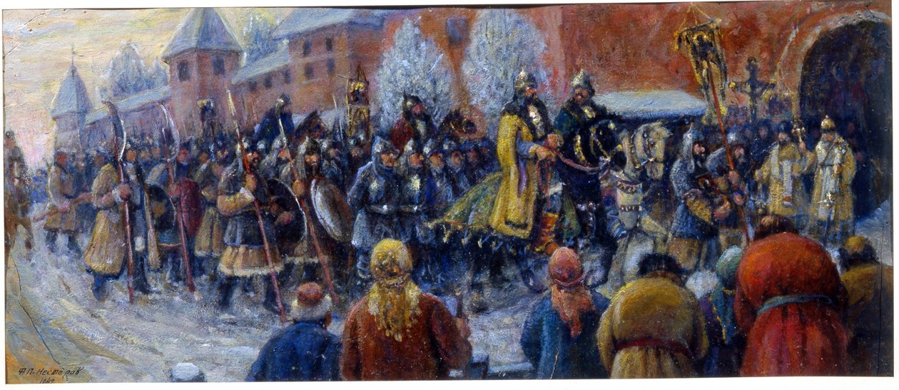 Arrivo di Alexander Nevsky a Novgorod dopo la Battaglia del Ghiaccio da Mikhail Vasilievich Nesterov