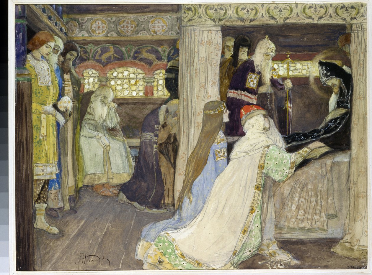 La morte del granduca Alessandro Nevskij (1220-1263). Opera di Mikhail Vasilyevich Nesterov (1862-1942), acquerello e gouache su carta da Mikhail Vasilievich Nesterov