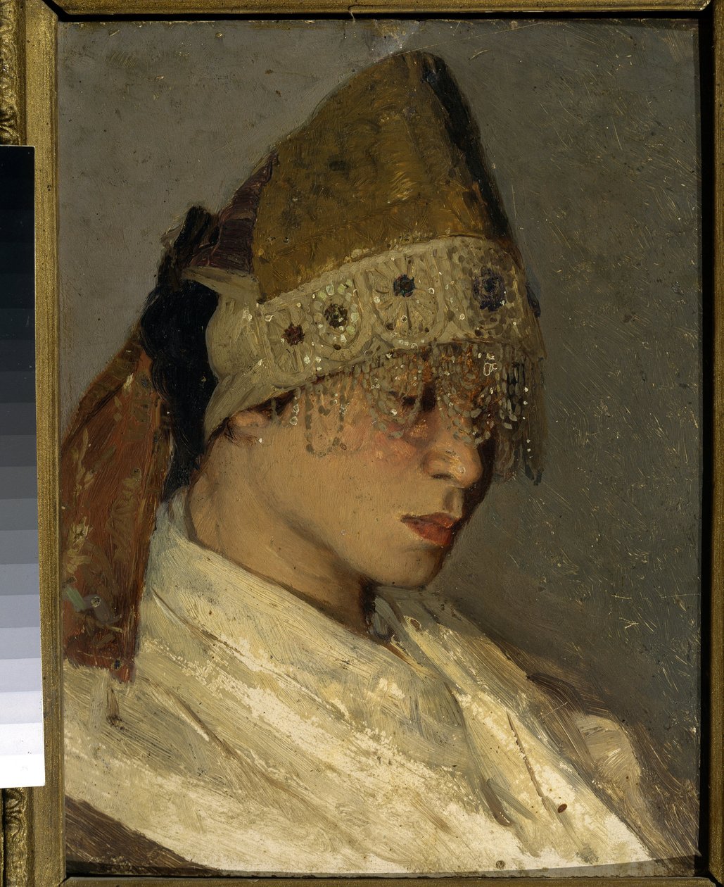 Una ragazza con un kokoshnik. Copricapo tradizionale alto delle donne russe, legato dietro con nastri, decorato davanti con perle e ricami. Dipinto di Mikhail Vasilyevich Nesterov (1862-1942) da Mikhail Vasilievich Nesterov