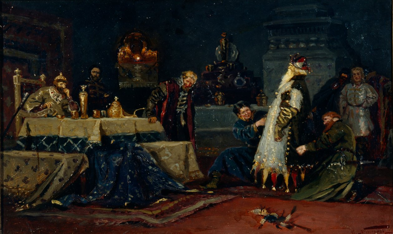 Cappotto da pazzo. Boyar Druzhina Andreyevich Morozov davanti a Ivan il Terribile da Mikhail Vasilievich Nesterov