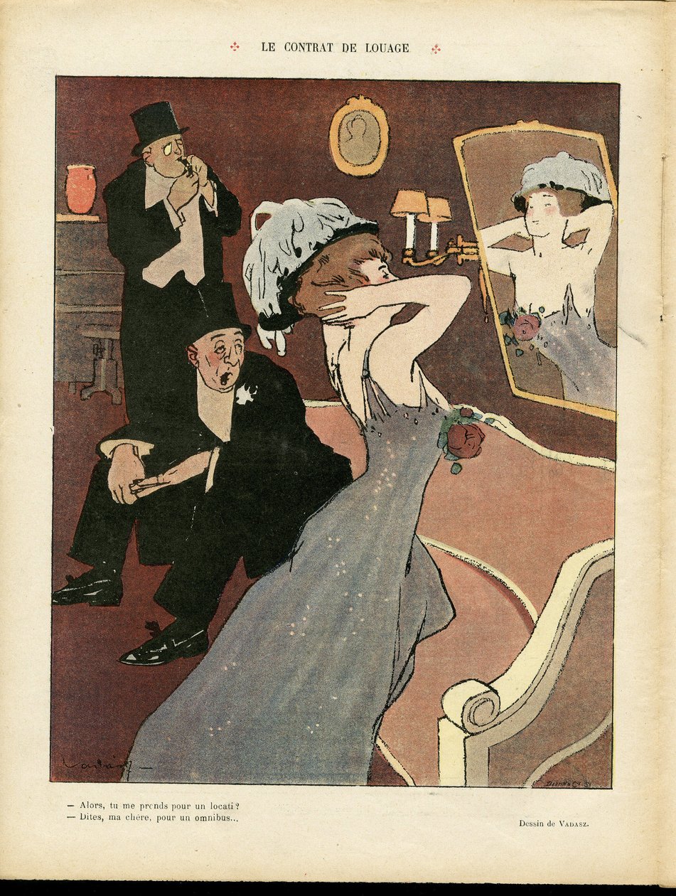 Illustrazione di Miklos Vadasz (1884-1927) in Le Rire, 07/03/08 - Il contratto di noleggio - Prostituzione, architettura interna da Miklós Vadász