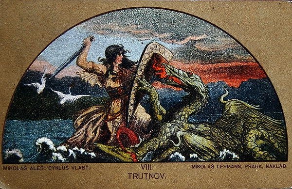 Cartolina raffigurante il Cavaliere Trut che combatte il Drago delle Rocce, c.1900 da Mikolas (after) Ales