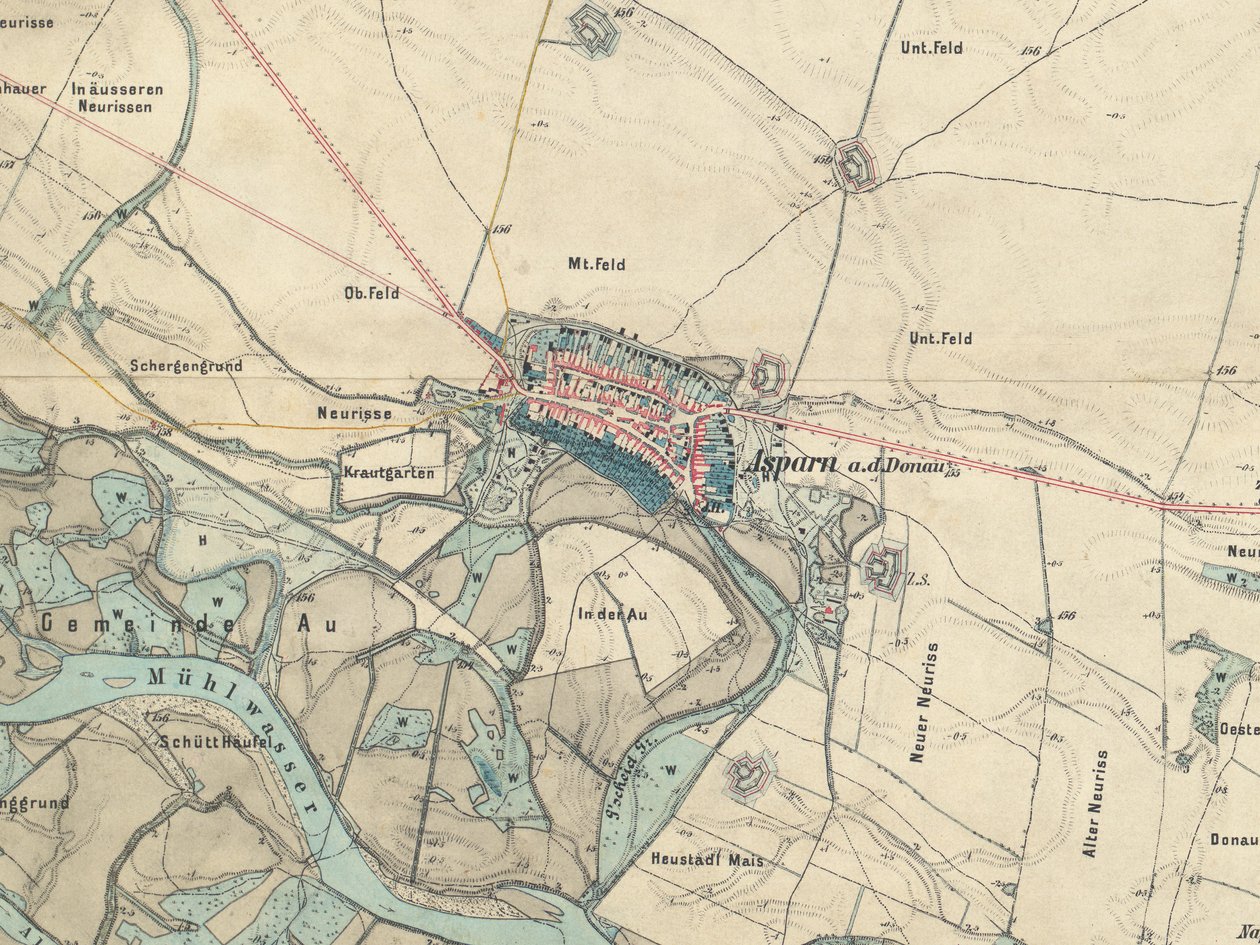 Mappa di Aspern vicino a Vienna, 1873 da Militärgeographisches Institut Österreichisch-Ungarische Monarchie