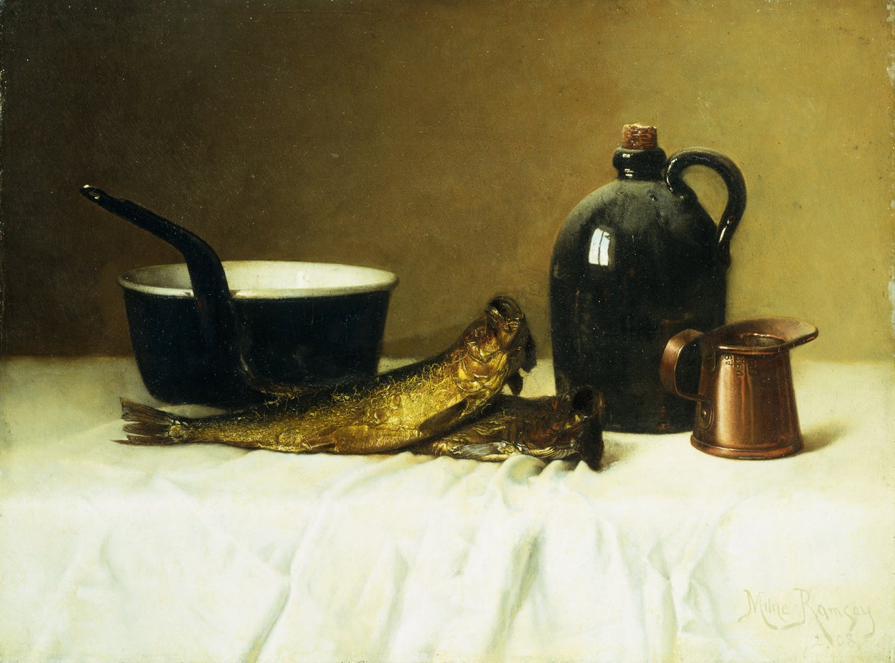 Natura morta con aringa, pentola, brocca e misura, 1908 da Milne Ramsey