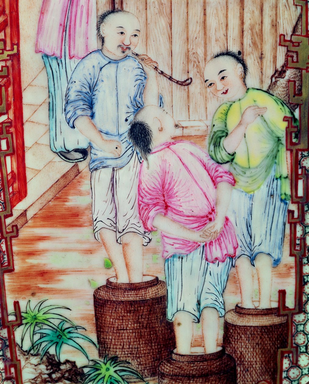 (Dettaglio) da un vaso che raffigura uomini che impacchettano tè da Ming Dynasty Chinese School