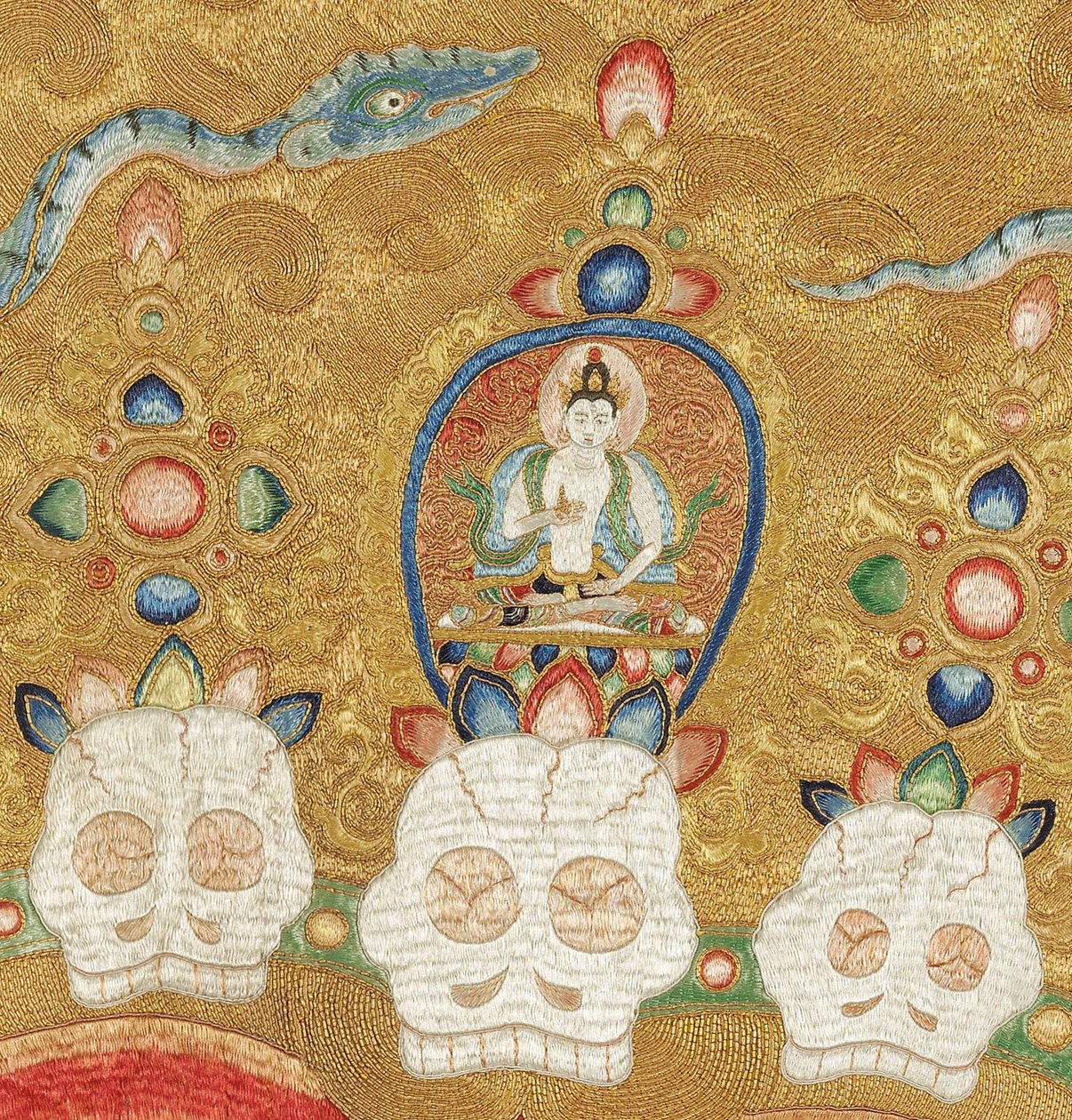 Dettaglio di Thangka imperiale ricamato in seta da Ming Dynasty Chinese School