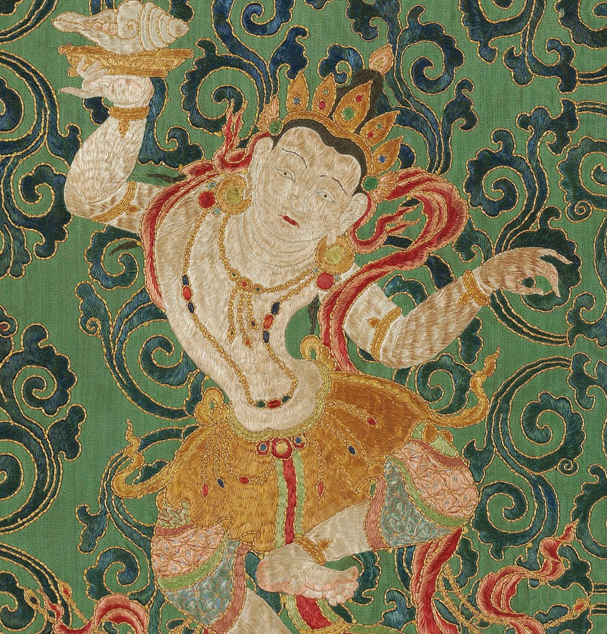 Dettaglio di Thangka imperiale ricamato in seta da Ming Dynasty Chinese School