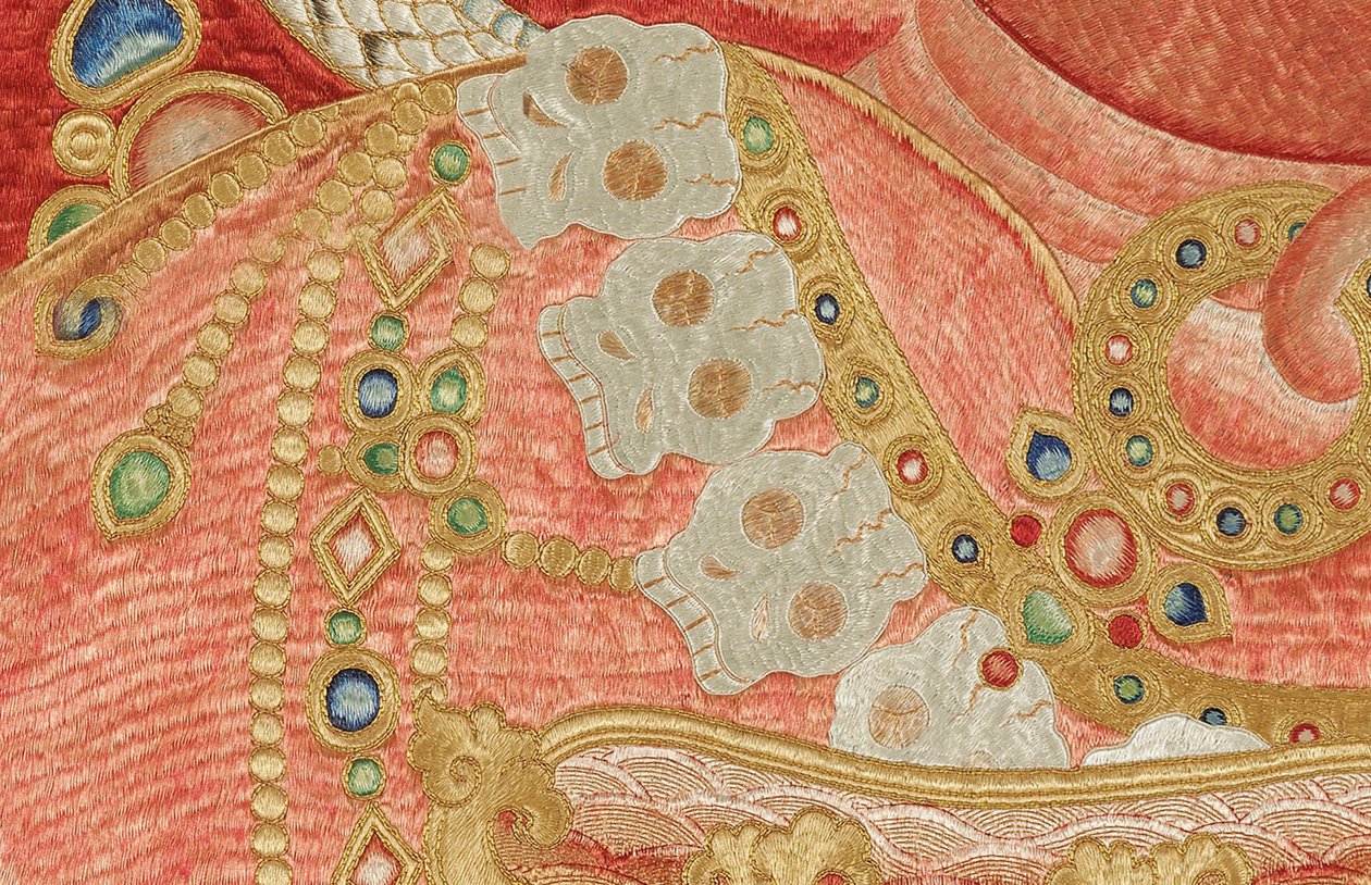 Dettaglio di Thangka imperiale ricamato in seta da Ming Dynasty Chinese School