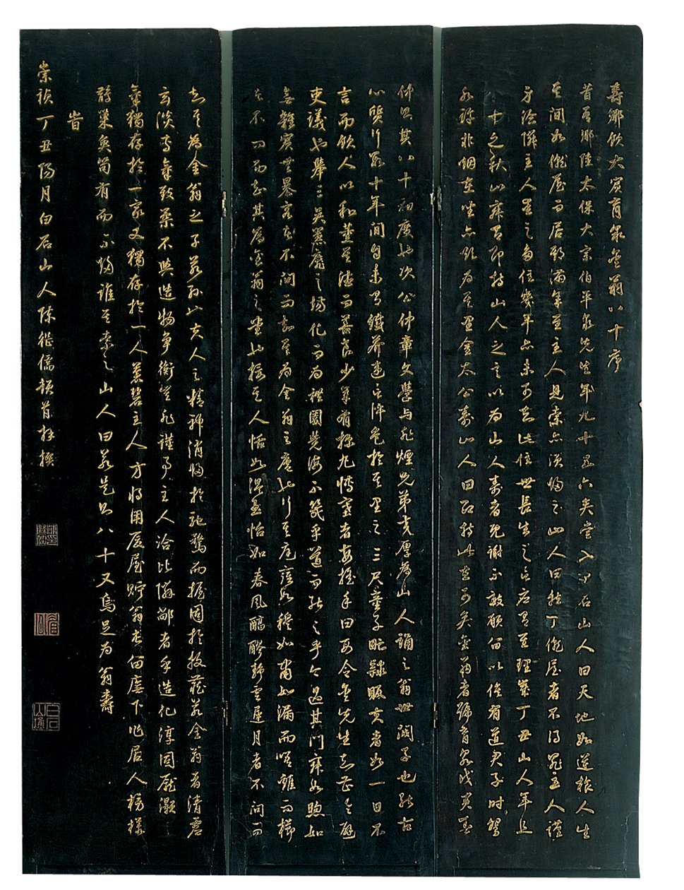Tre pannelli di uno schermo coromandel a dodici pannelli, Weiping da Ming Dynasty Chinese School