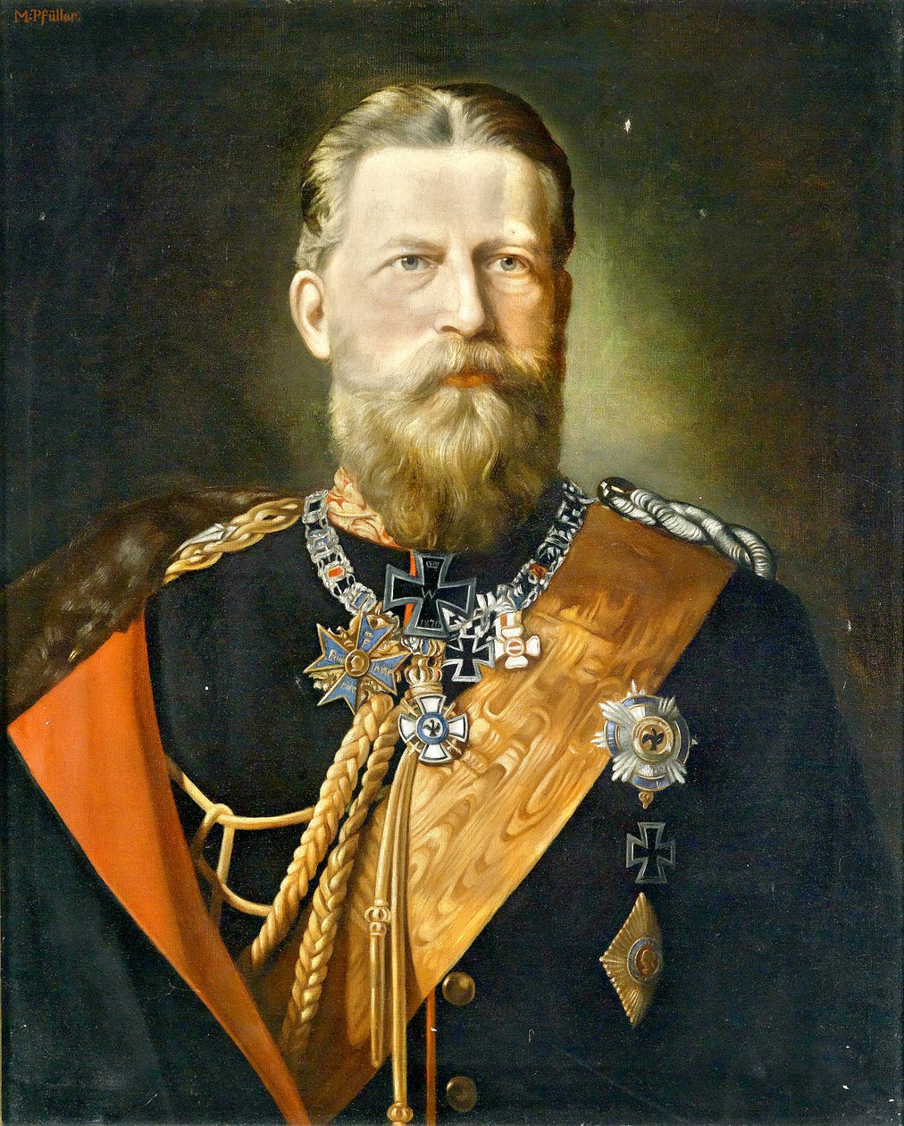 Imperatore Federico III, Re di Prussia; Ritratto in uniforme da feldmaresciallo con decorazioni da Minna Pfüller