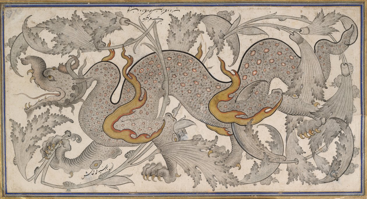 Drago nel Fogliame (disegno, recto); calligrafia, (verso) da Mir Sayyid Muhammad Naqqash