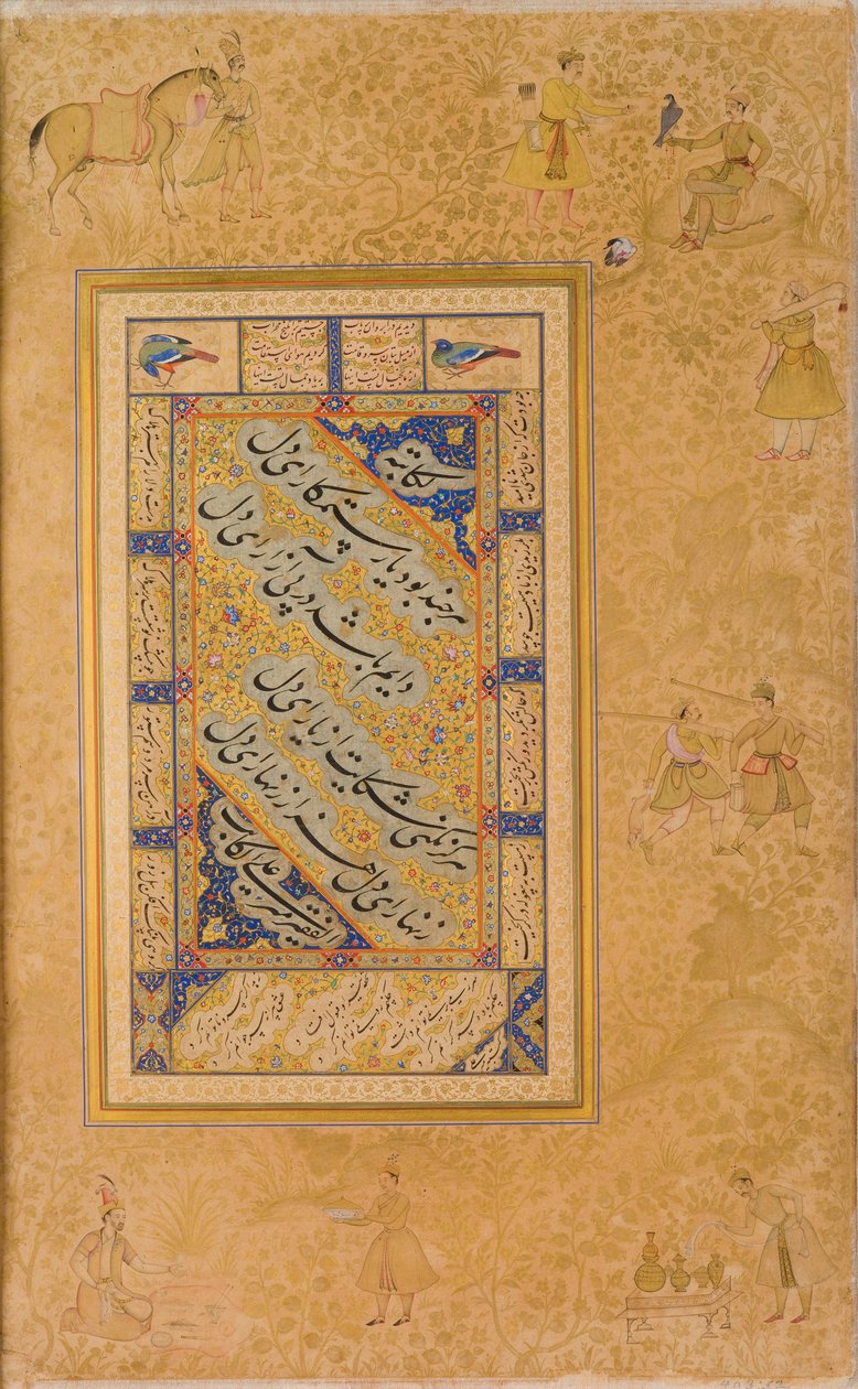 Pagina da un album realizzato per Jahangir, recto, recto calligrafia prima metà del XVI secolo; verso immagine c.1590; album c.1608-19 (acquerello, oro e inchiostro su carta) da Mir Ali Al Husayni