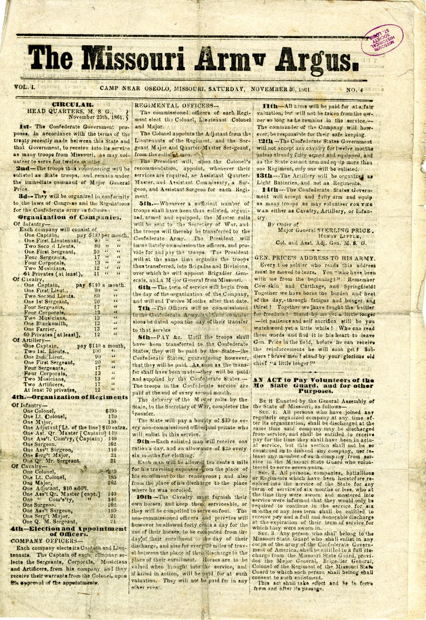 Include circolari e lettere stampate, un proclama e un messaggio alle donne del Missouri da Missouri Army Argus