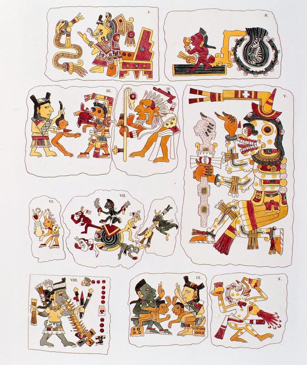 Copia facsimile di una pagina del codice Borgia che raffigura diverse scene (litografia a colori) da Mixtec
