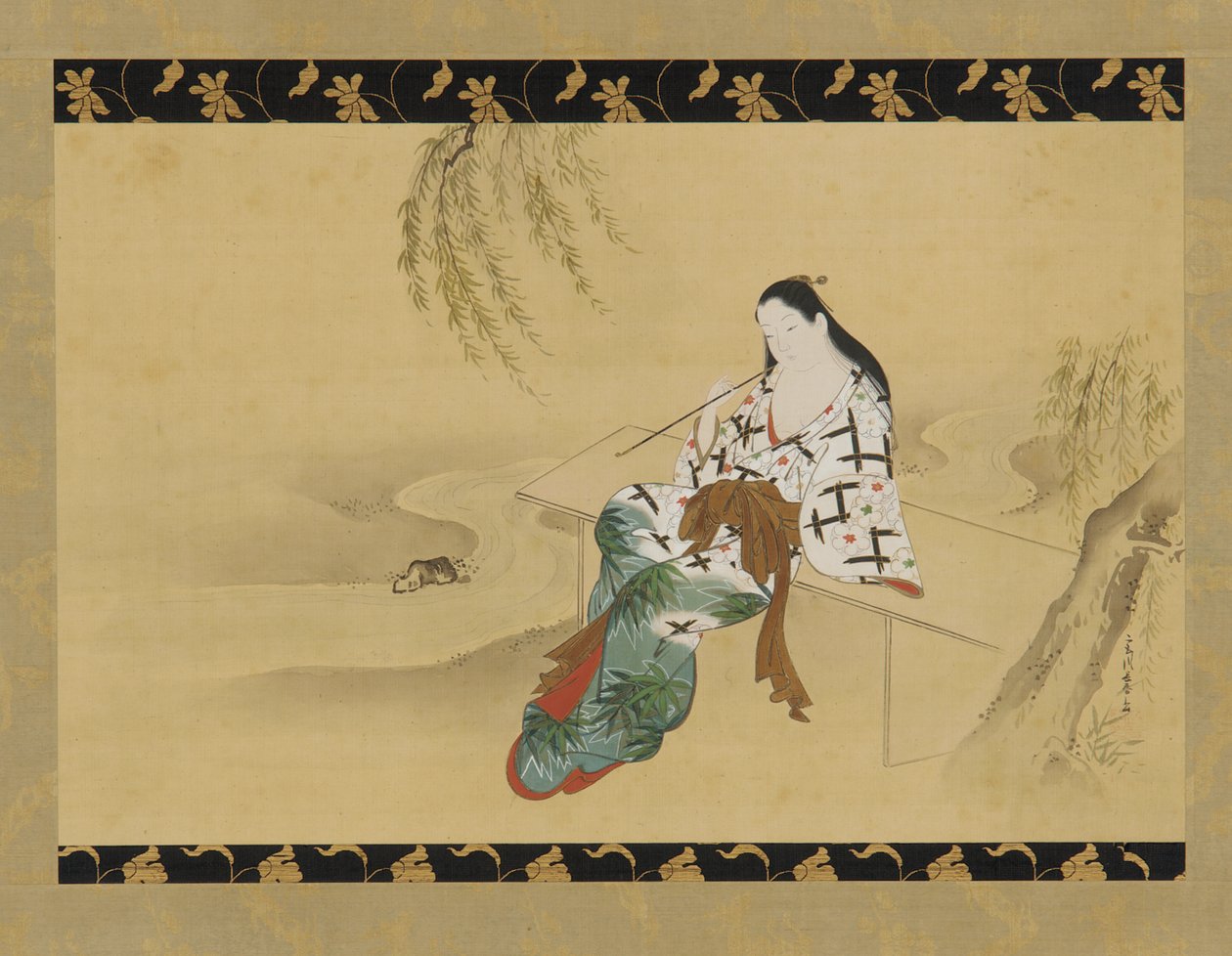 Paesaggio: una yujo seduta su una panchina, XVIII secolo da Miyagawa Chōshun
