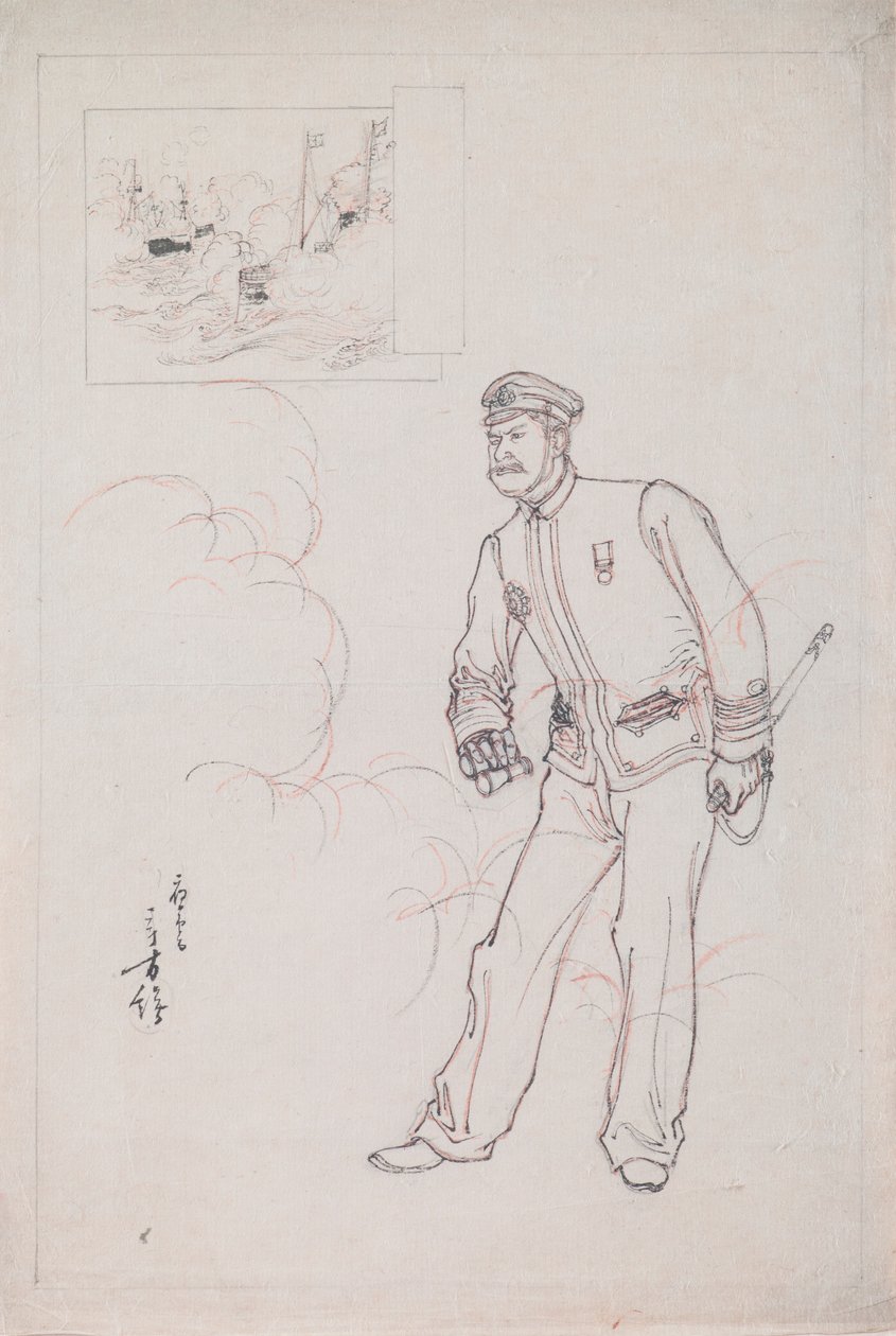 Disegno preparatorio per una stampa xilografica che raffigura un ufficiale navale giapponese durante la guerra sino-giapponese da Mizuno Toshikata