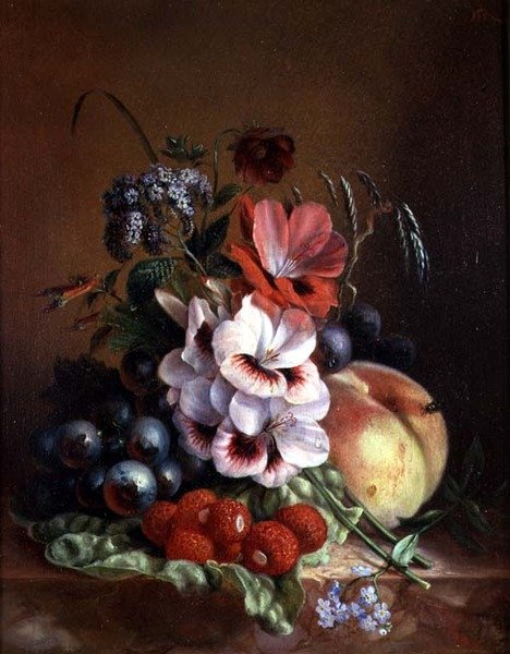 Natura morta di frutta e fiori da Mme. A. van Ravensway