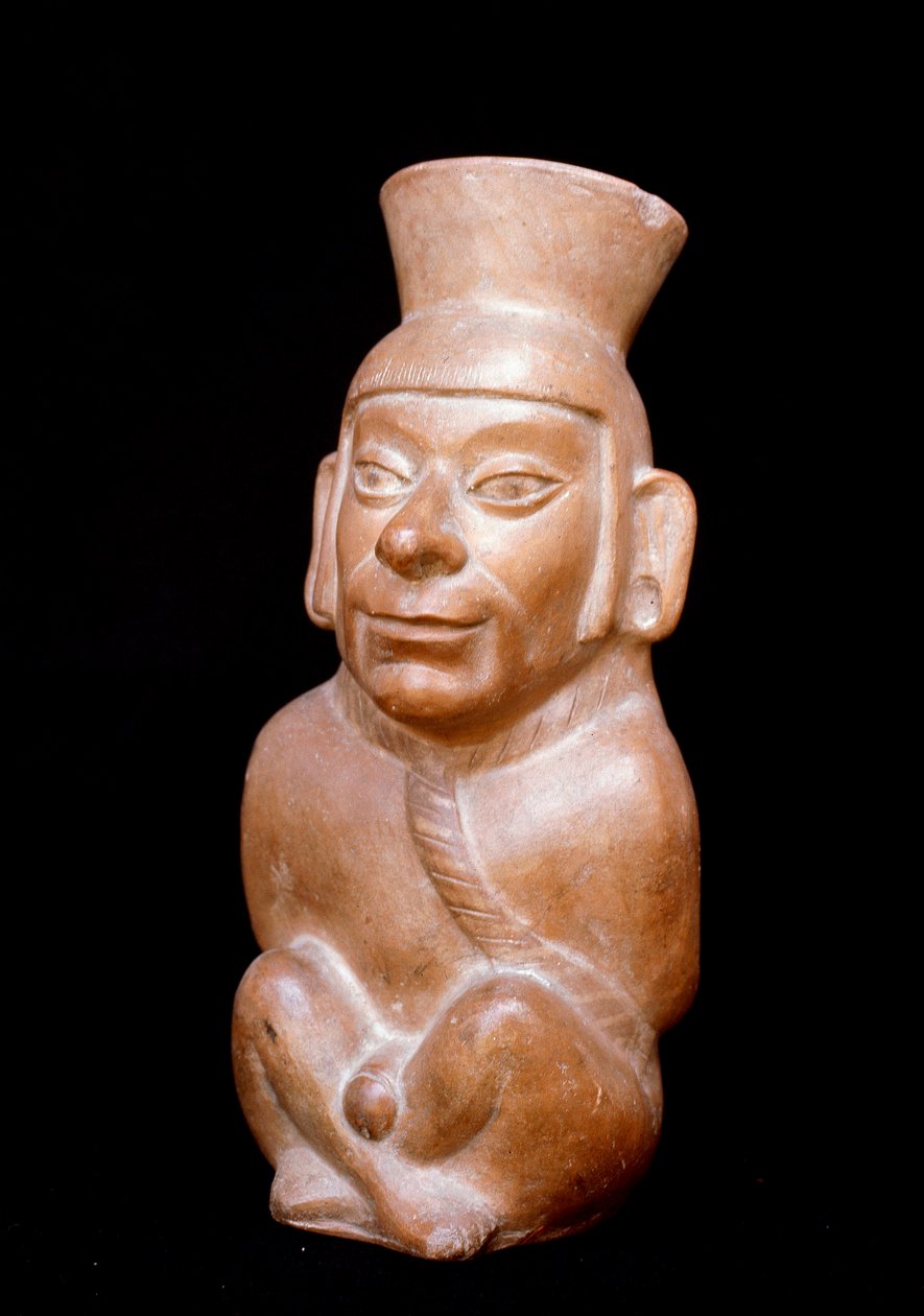 Arte precolombiana, civiltà Mochica: bottiglia antropomorfa in terracotta che rappresenta un prigioniero prima del suo sacrificio (porta una corda intorno al collo e le mani legate dietro la schiena). 200 a.C.-700 d.C. Lima, Museo Nazionale di Antropologia da Moche Moche