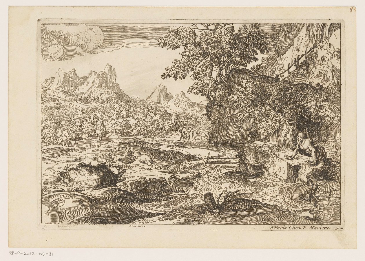 Paesaggio con San Girolamo e due leoni che combattono da Moise Jean Baptiste Fouard