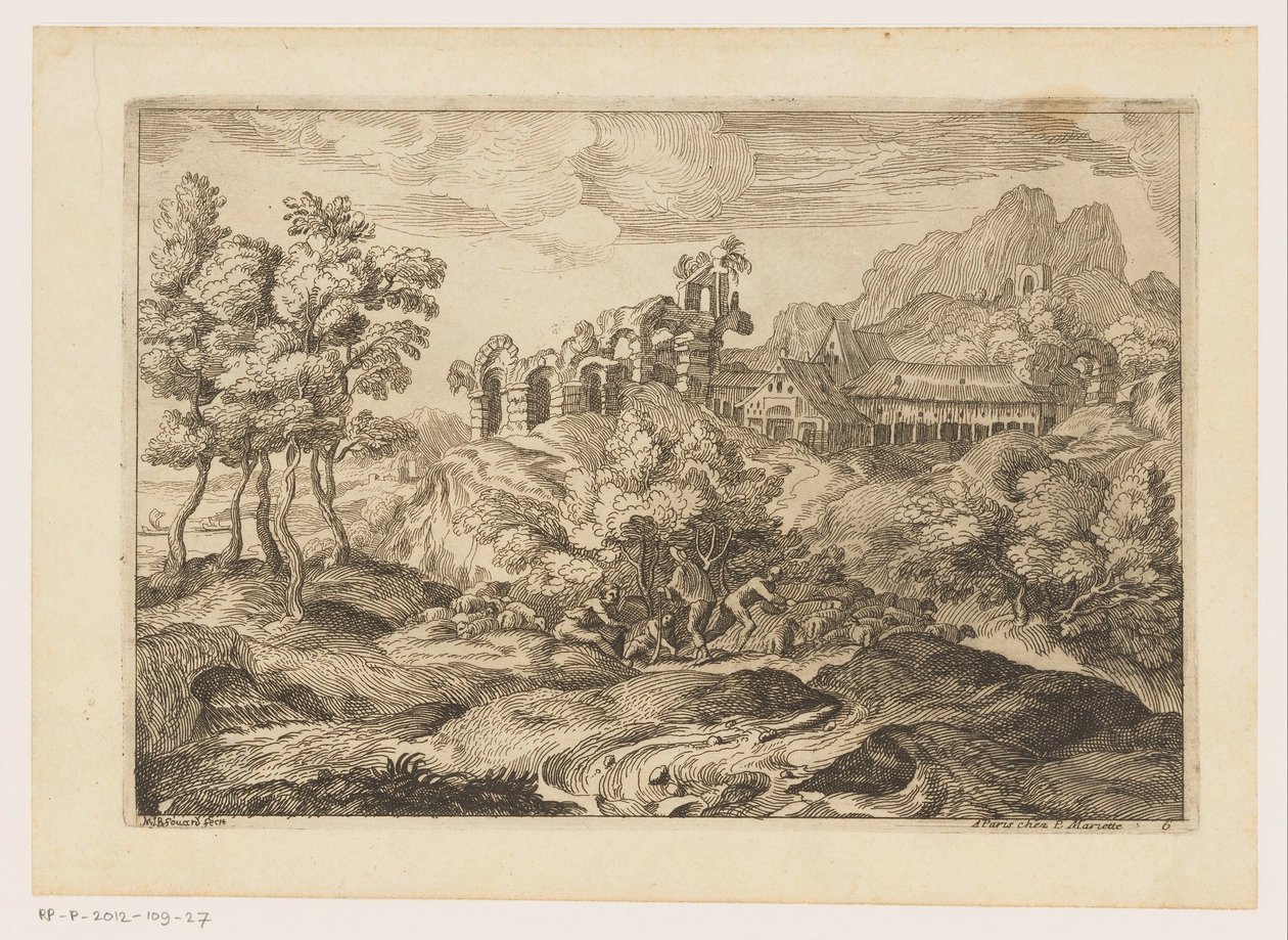 Paesaggio con pastori e un gregge presso una rovina da Moise Jean Baptiste Fouard