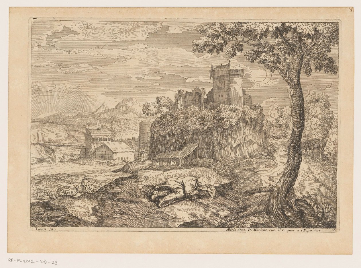 Paesaggio con pastore a riposo, sullo sfondo un fiume con ponte e mulino ad acqua (Paesaggi da Tiziano) da Moise Jean Baptiste Fouard
