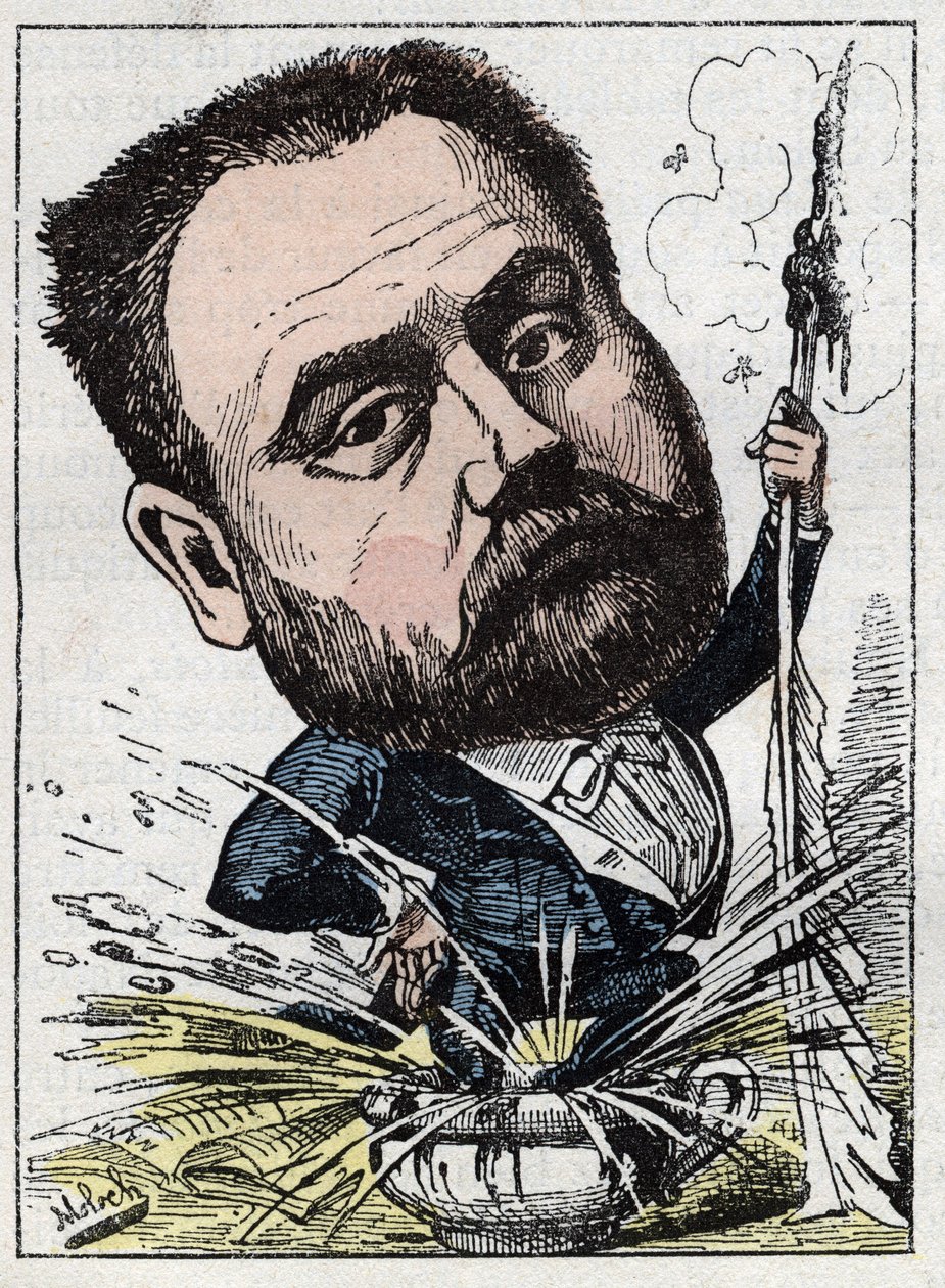 Ritratto di Emile Zola (1840-1902) scrittore francese in "Le Trombinoscope" di Touchatout, caricatura di B. Moloch del 1882. Collezione privata da Moloch
