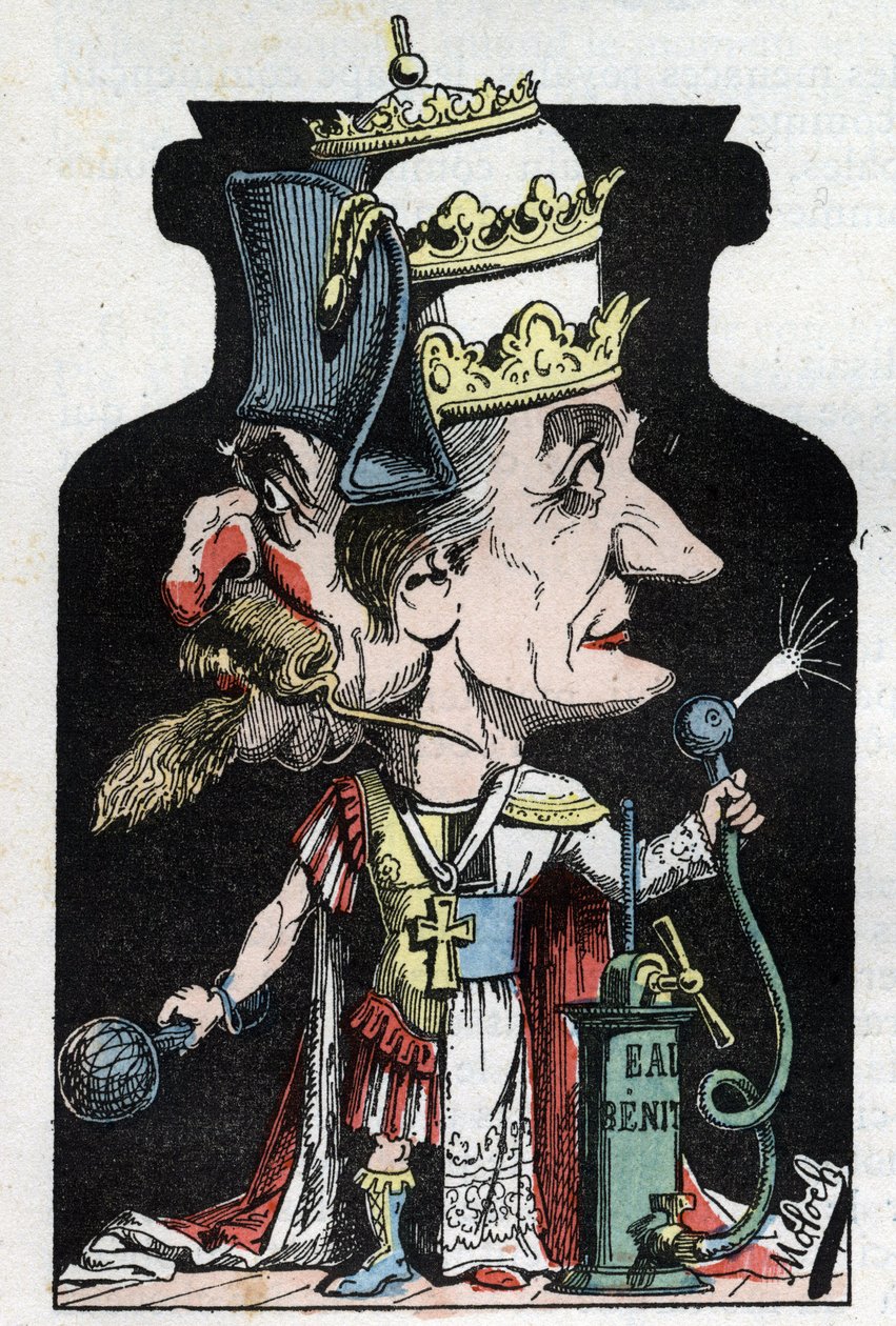 Allegoria del Concordato (firmato tra Pio VII e Bonaparte) del 1801 rappresentato da Moloch come dispositivo di compressione con Napoleone III e il Papa da Moloch