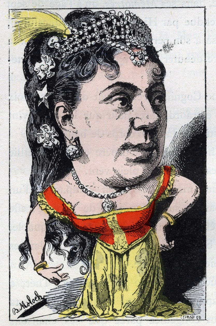 Ritratto di Emma Valladon detta Theresa (1837-1913) cantante di cabaret francese in "Le Trombinoscope" di Touchatout, caricatura di B. Moloch del 1882. Collezione privata. da Moloch