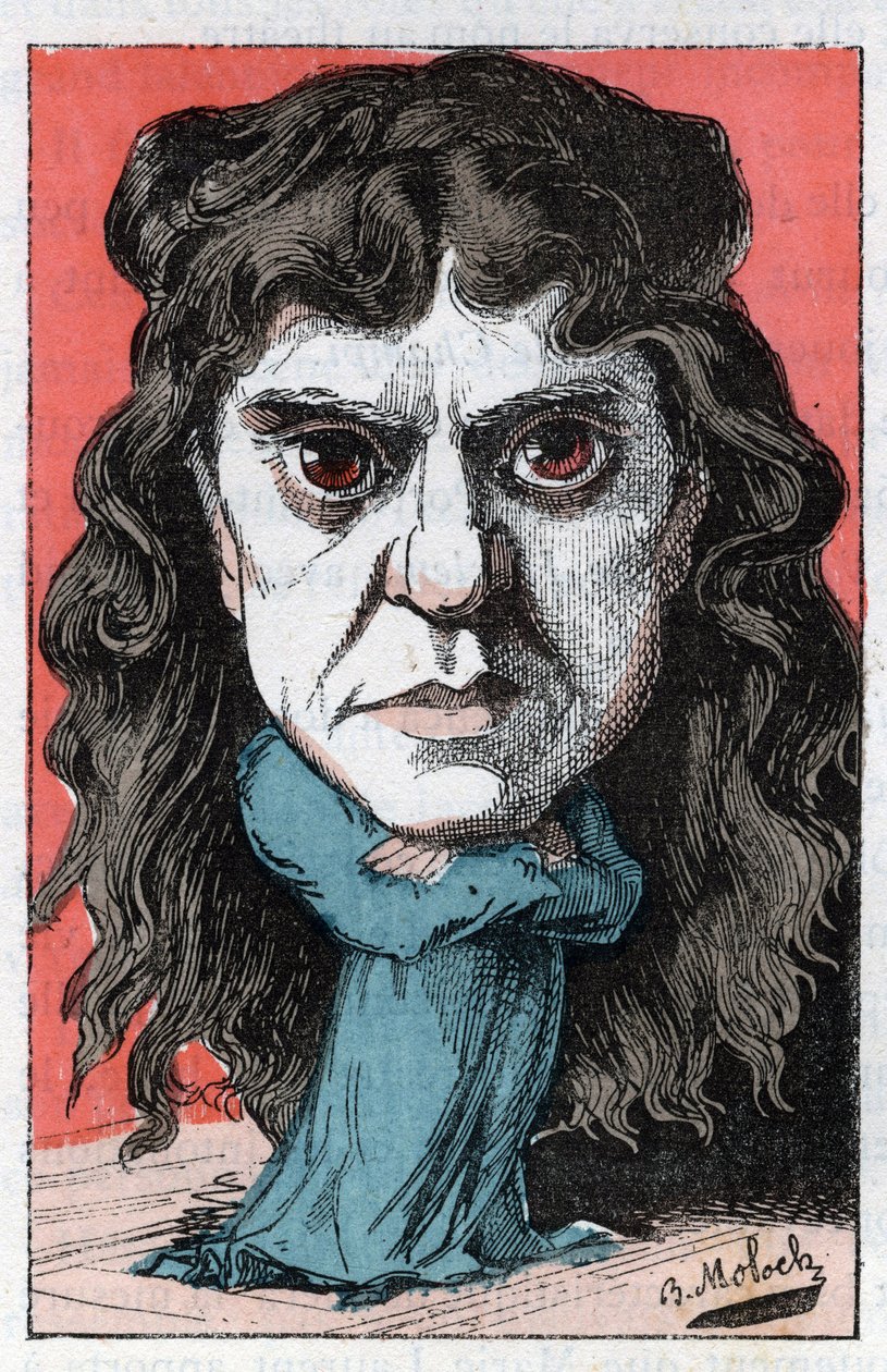 Ritratto di Marie Laurent o Marie Luguet artista drammatica francese del XIX secolo in "Le Trombinoscope" di Touchatout, caricatura di B. Moloch del 1882. Collezione privata. da Moloch