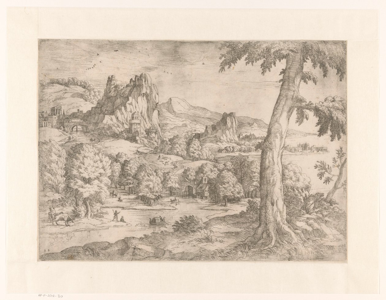 Paesaggio panoramico con grande albero da Monogrammist DB (etser 16de eeuw)