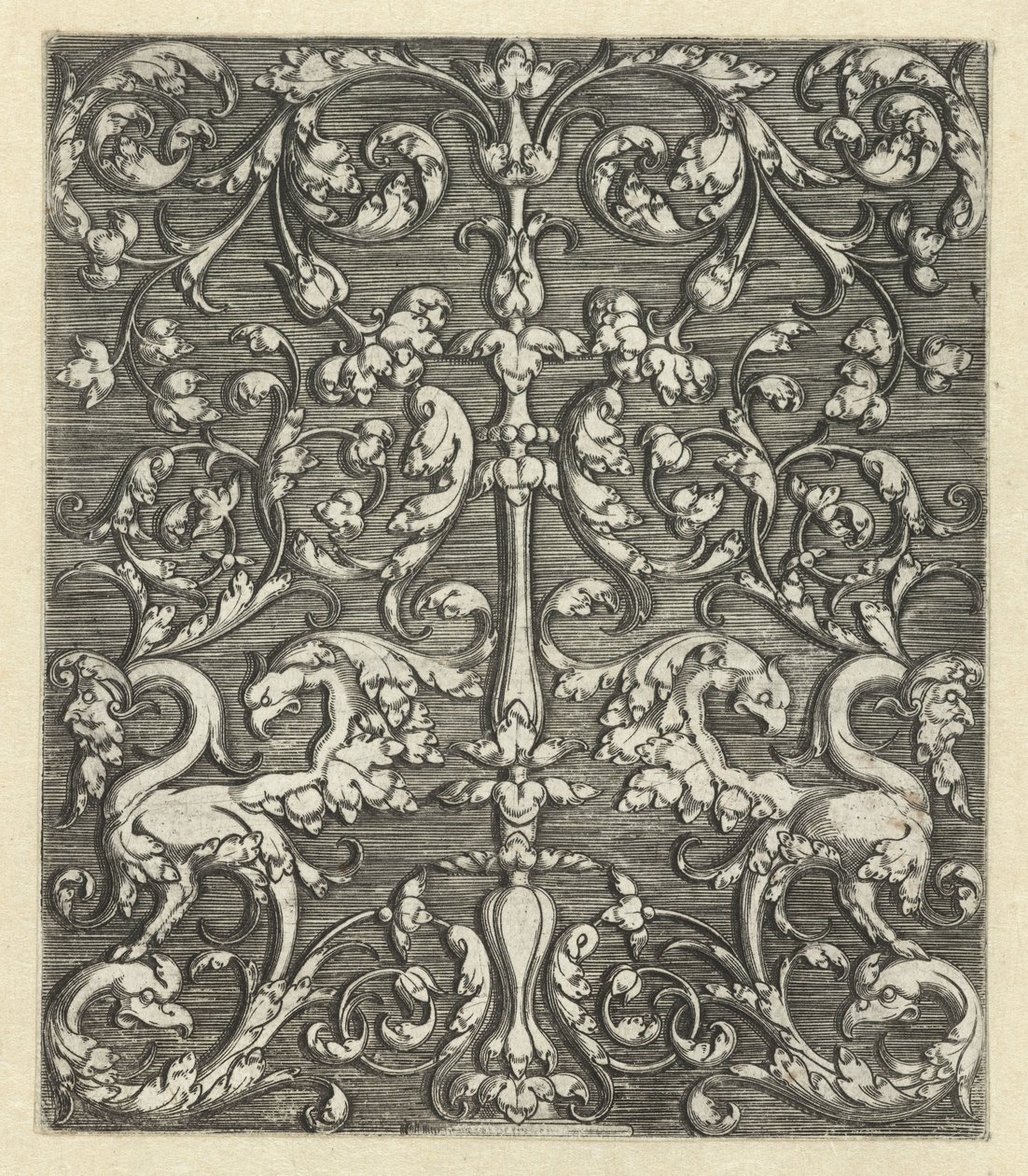 Ornamento con due animali fantastici e candelabro da Monogrammist IG