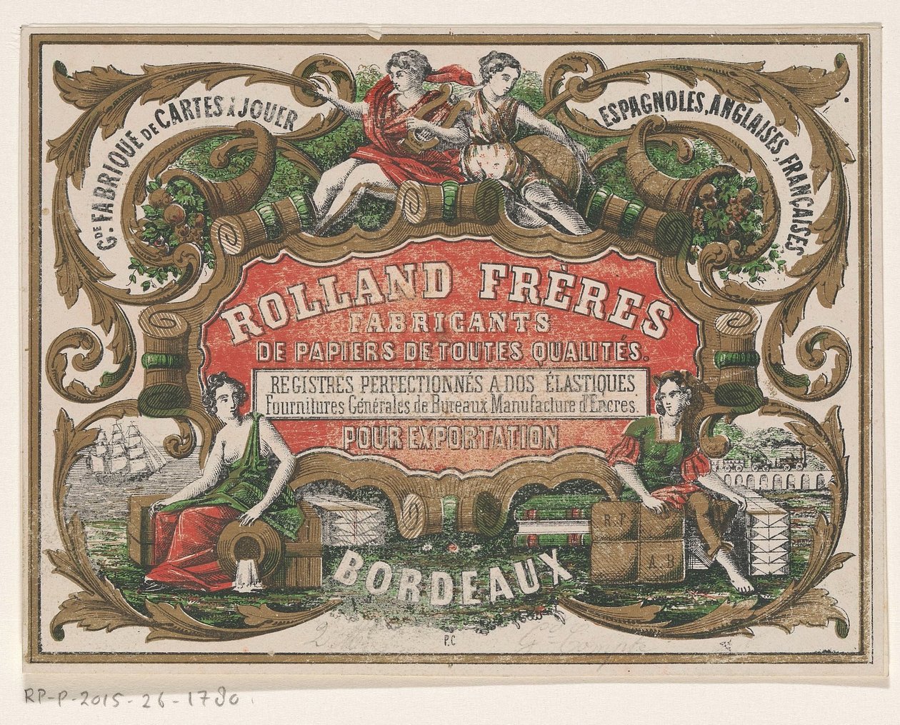 Biglietto da visita di Rolland Frères, fabbricante di carta a Bordeaux da Monogrammist PC (lithograaf)