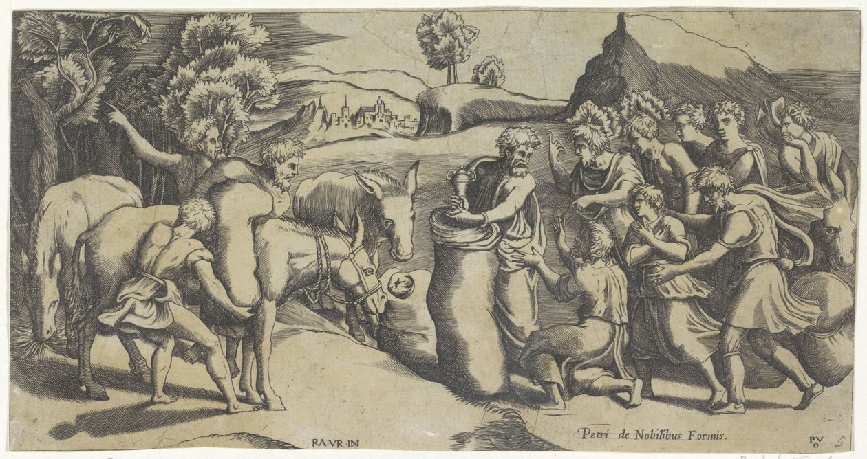 La coppa di Giuseppe trovata nel sacco di grano di Beniamino da Monogrammist PVO (prentmaker)