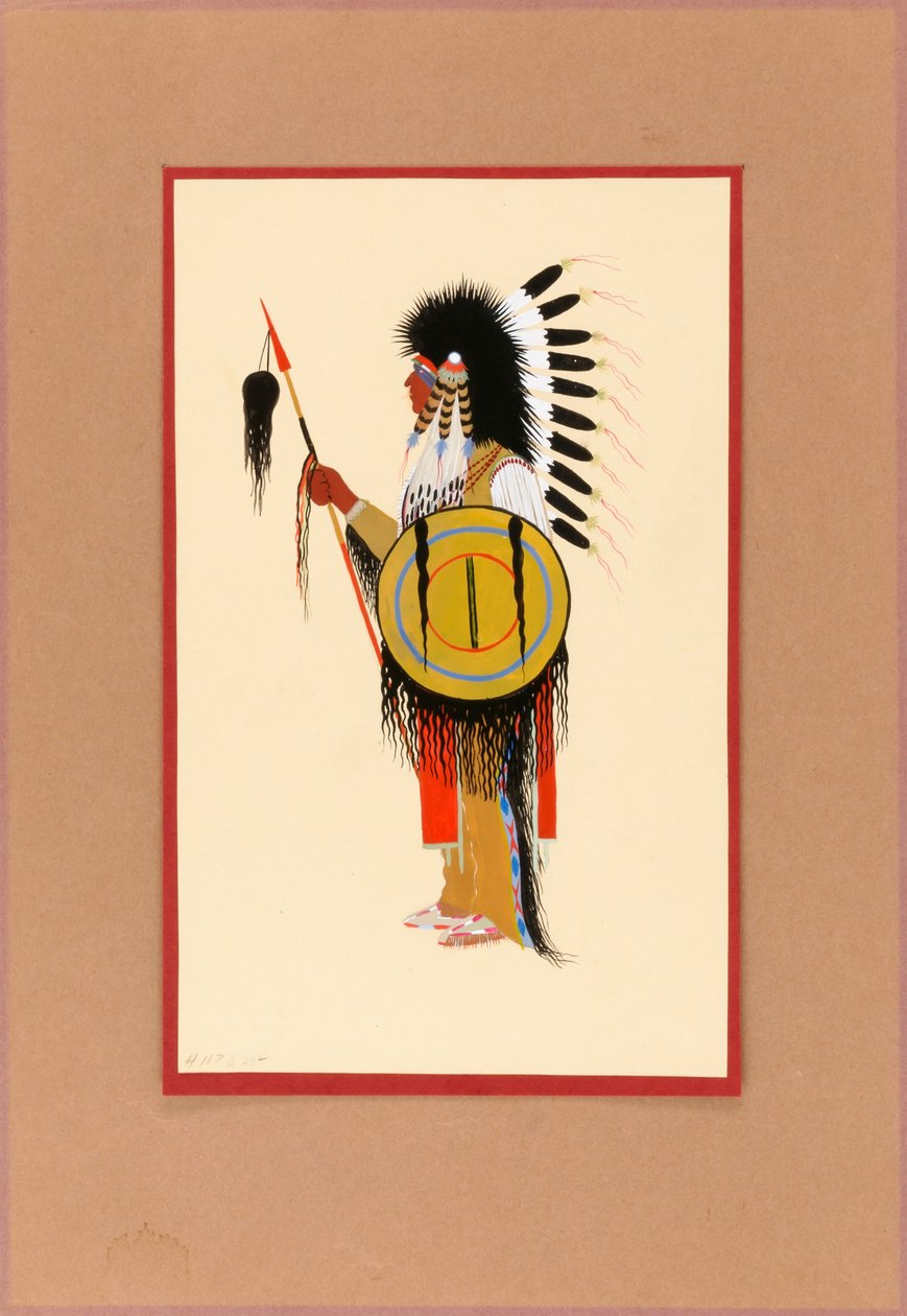 Guerriero Cheyenne con copricapo di piume e scudo da Monroe Tsatoke