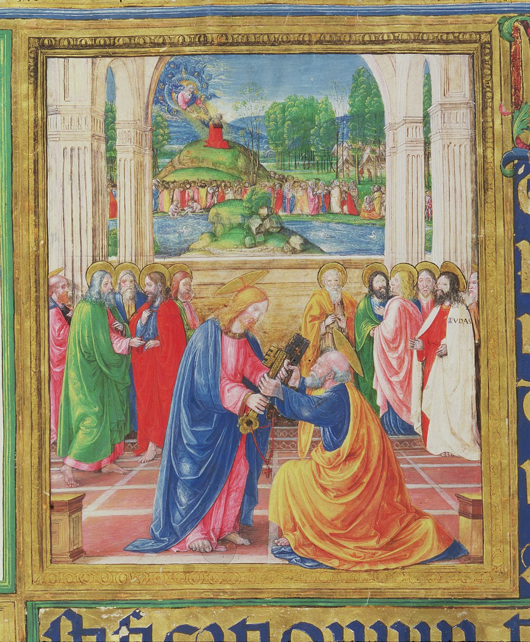 Ms 542 f.3v Cristo che consegna le chiavi a San Pietro, sullo sfondo Dio consegna le Tavole della Legge a Mosè, da un salterio scritto da Don Appiano della Chiesa della Badia Fiorentina, Firenze da Monte di Giovanni del Fora