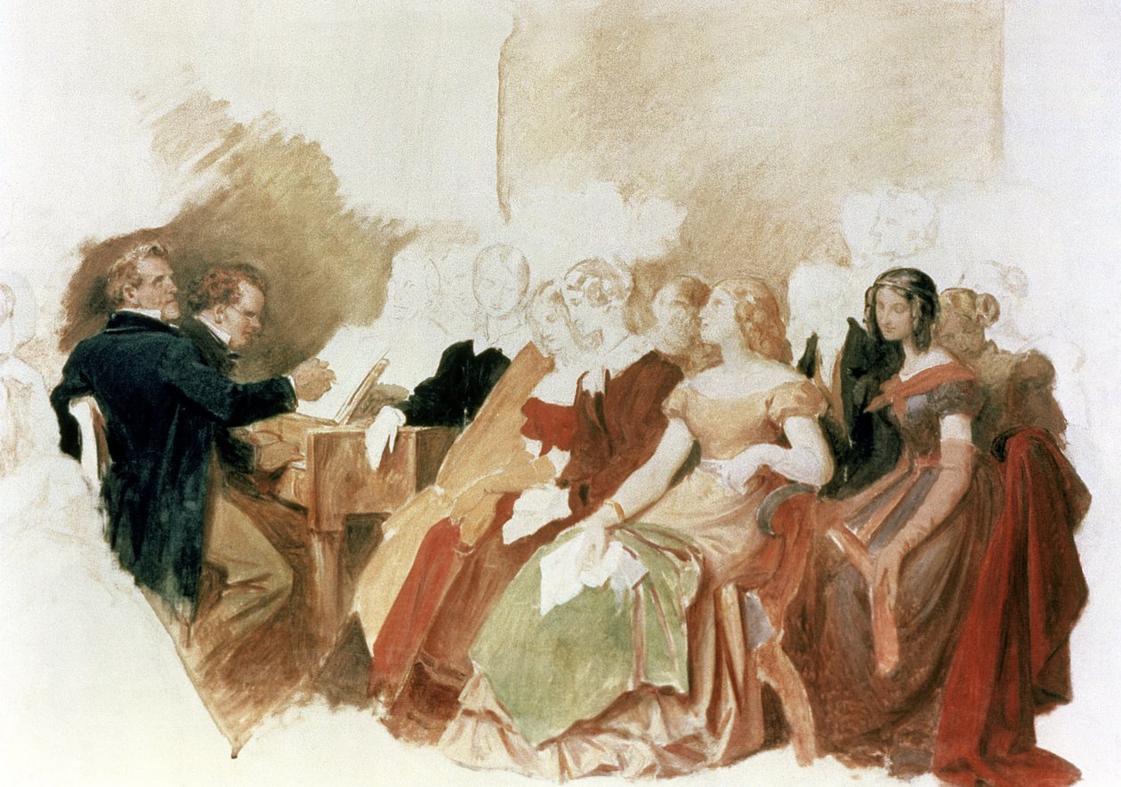 Studio per Una serata dal barone von Spaun: Schubert al pianoforte tra i suoi amici, incluso il baritono Johann Vogl da Moritz Ludwig von Schwind