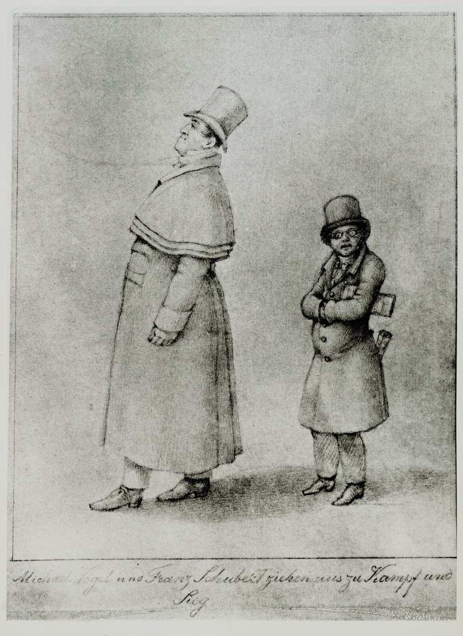 Johann Michael Vogl e Franz Schubert in marcia verso la battaglia e la vittoria ... (incisione) da Moritz Ludwig von Schwind