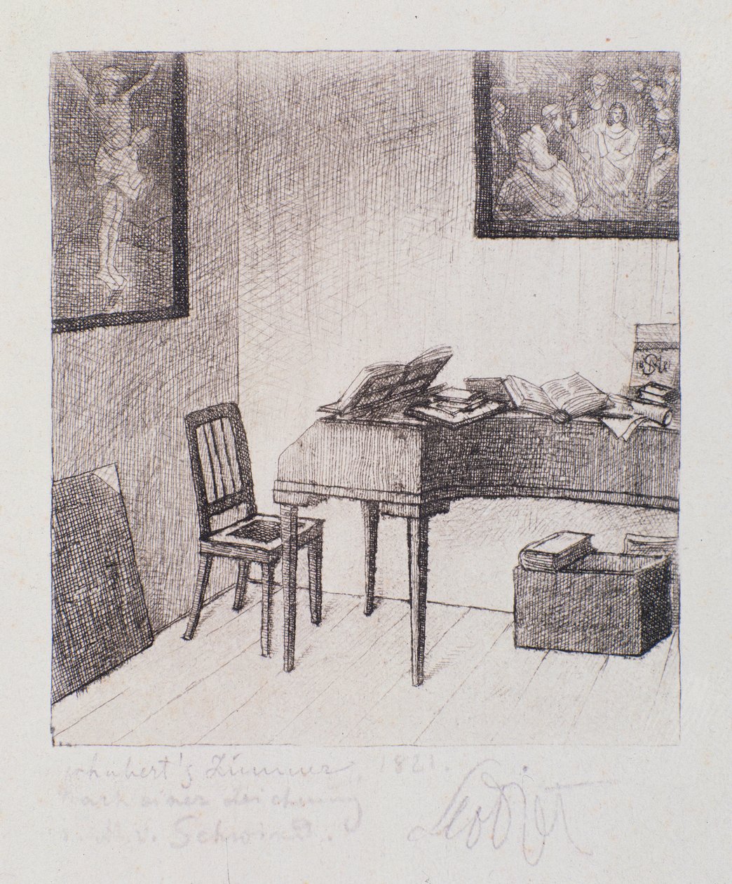 Veduta della stanza di Franz Schubert (incisione) da Moritz Ludwig von Schwind