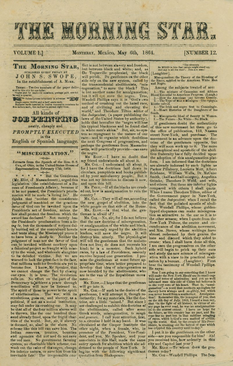 Include articolo sulla legislazione proposta sulla mescolanza razziale e notizie della Guerra Civile da Morning Star