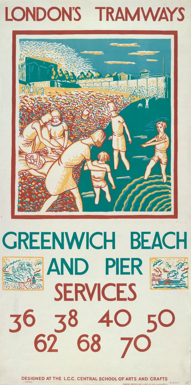 Spiaggia e molo di Greenwich, poster dei tramways del London County Council da Morris Kestelman