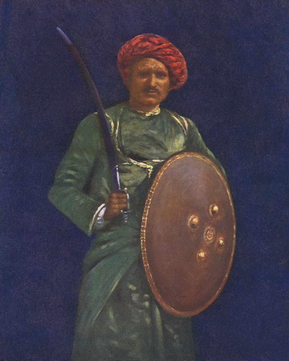 Soldato indiano con spada e scudo - inizio XX secolo da Mortimer Ludington Menpes